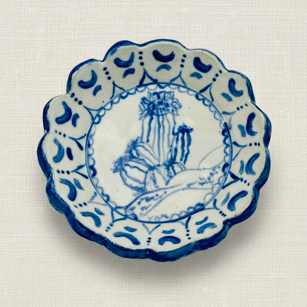 Handmade Scalloped Tapas Plates - Cobalt Barrel Cactus  - Set of Three