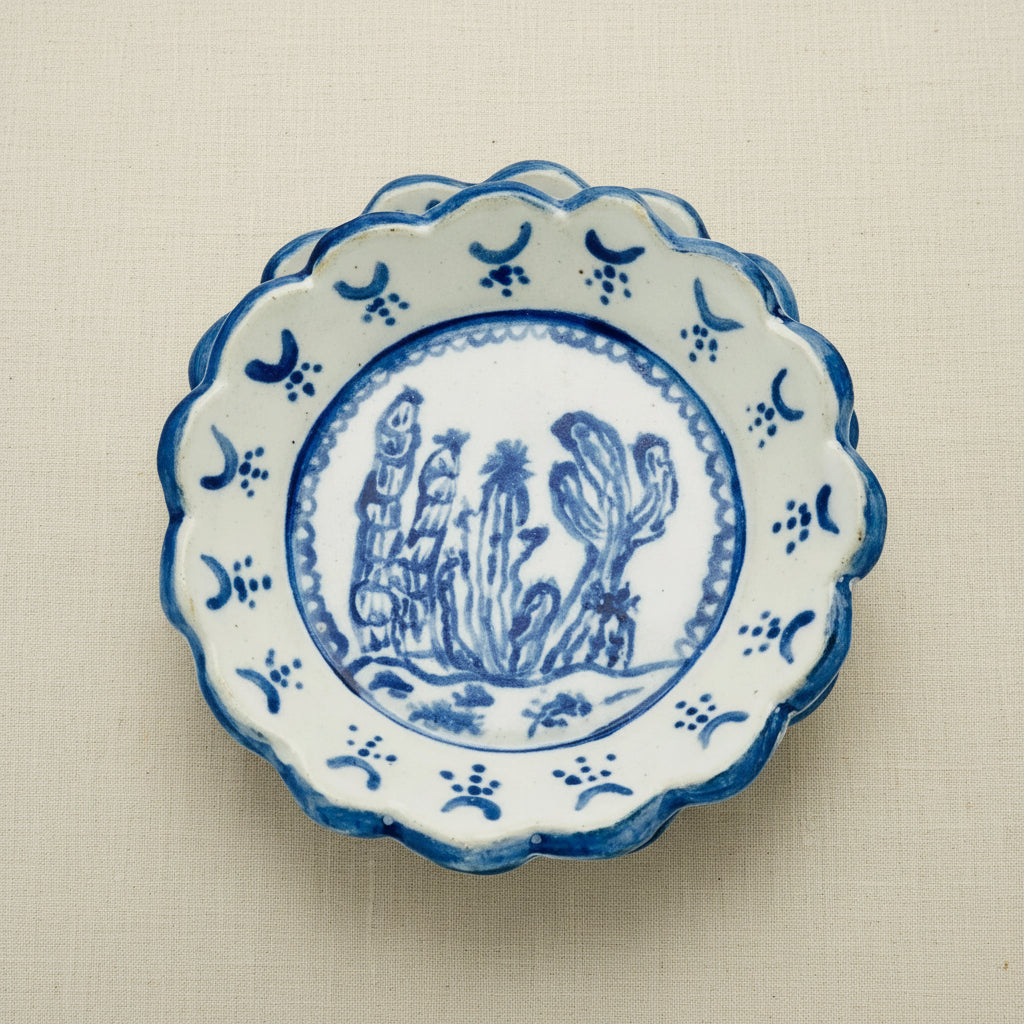 Handmade Scalloped Tapas Plates - Cobalt Cactus Friends - Set of Two