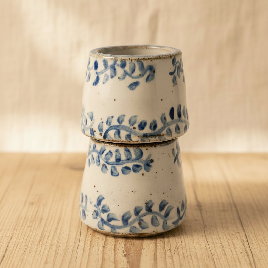 White and Blue Stoneware Tumbler Pair, Handmade