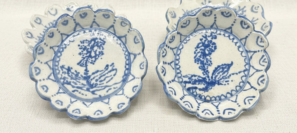 Handmade Scalloped Tapas Plates - Cobalt Blue Yucca Flower - Set of Two