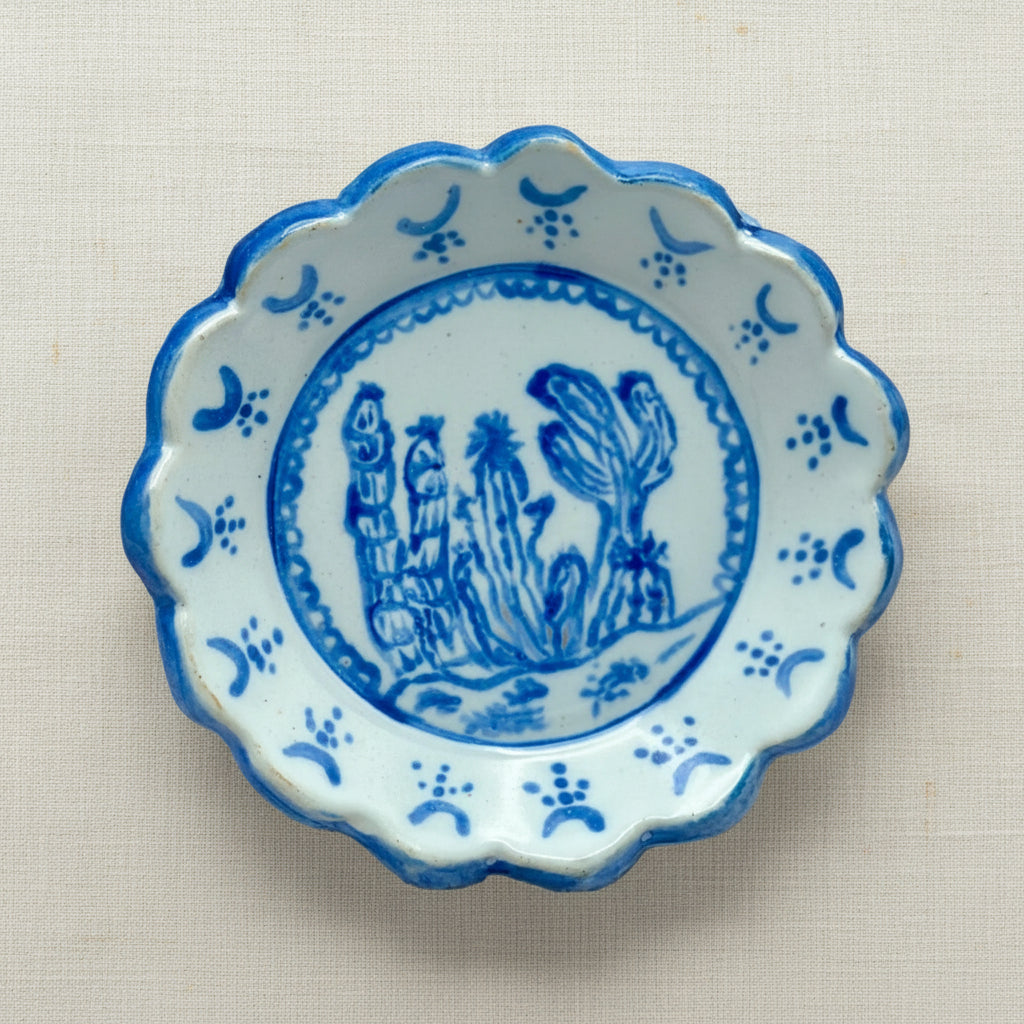 Handmade Scalloped Tapas Plates - Cobalt Cactus Friends - Set of Two