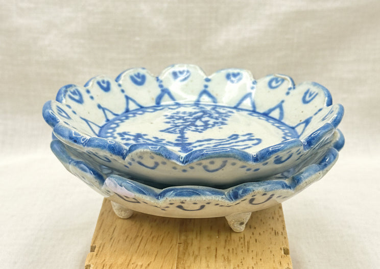Handmade Scalloped Tapas Plates - Cobalt Blue Yucca Flower - Set of Two