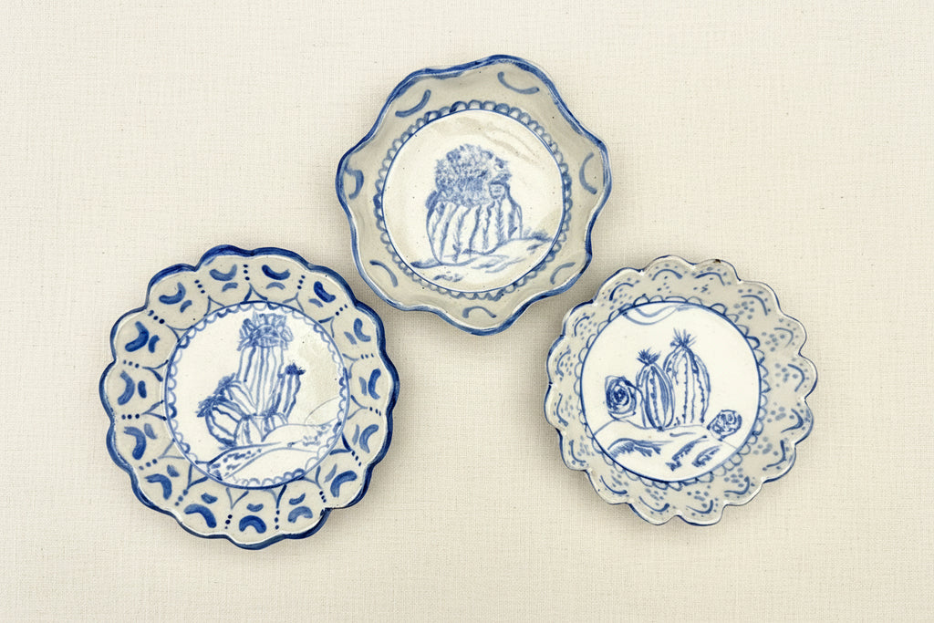 Handmade Scalloped Tapas Plates - Cobalt Barrel Cactus  - Set of Three